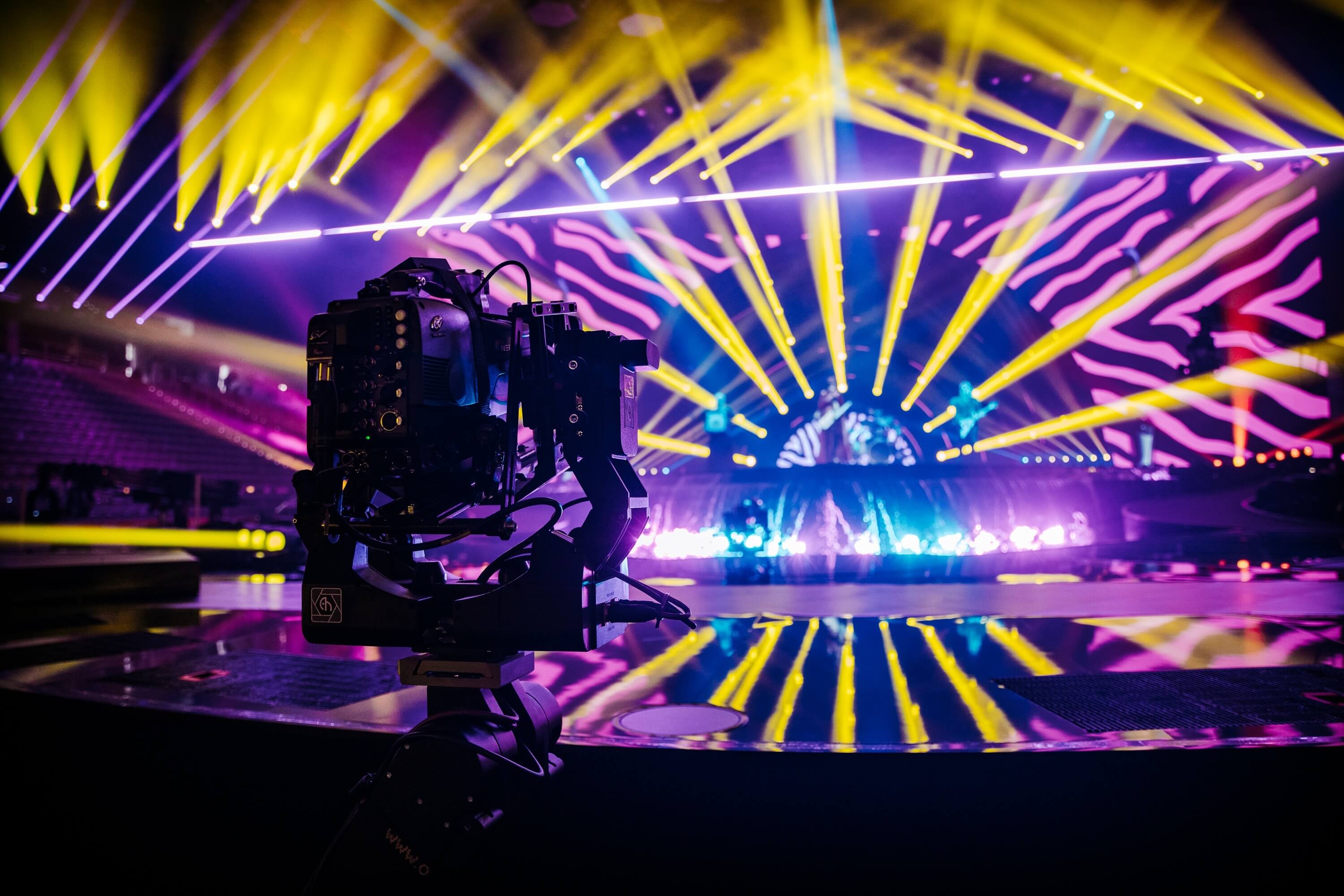 Camera filming the Eurovision Song Contest 2022 stage light show