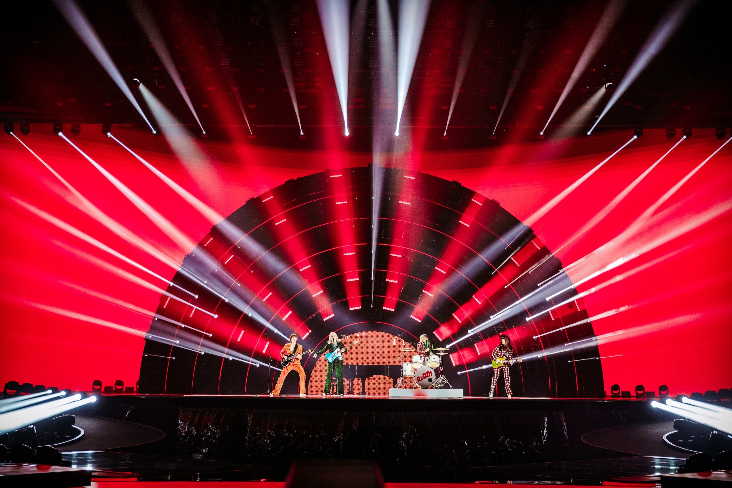Eurovision Song Contest stage with red lighting, streamed by Jet-Stream