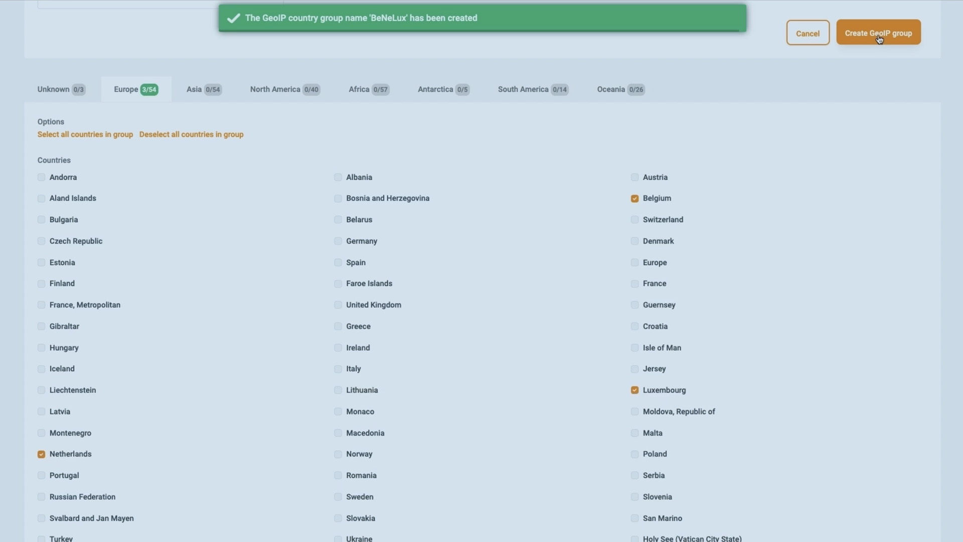 Screenshot of geo fencing country selection for a stream in Jet-Stream Cloud