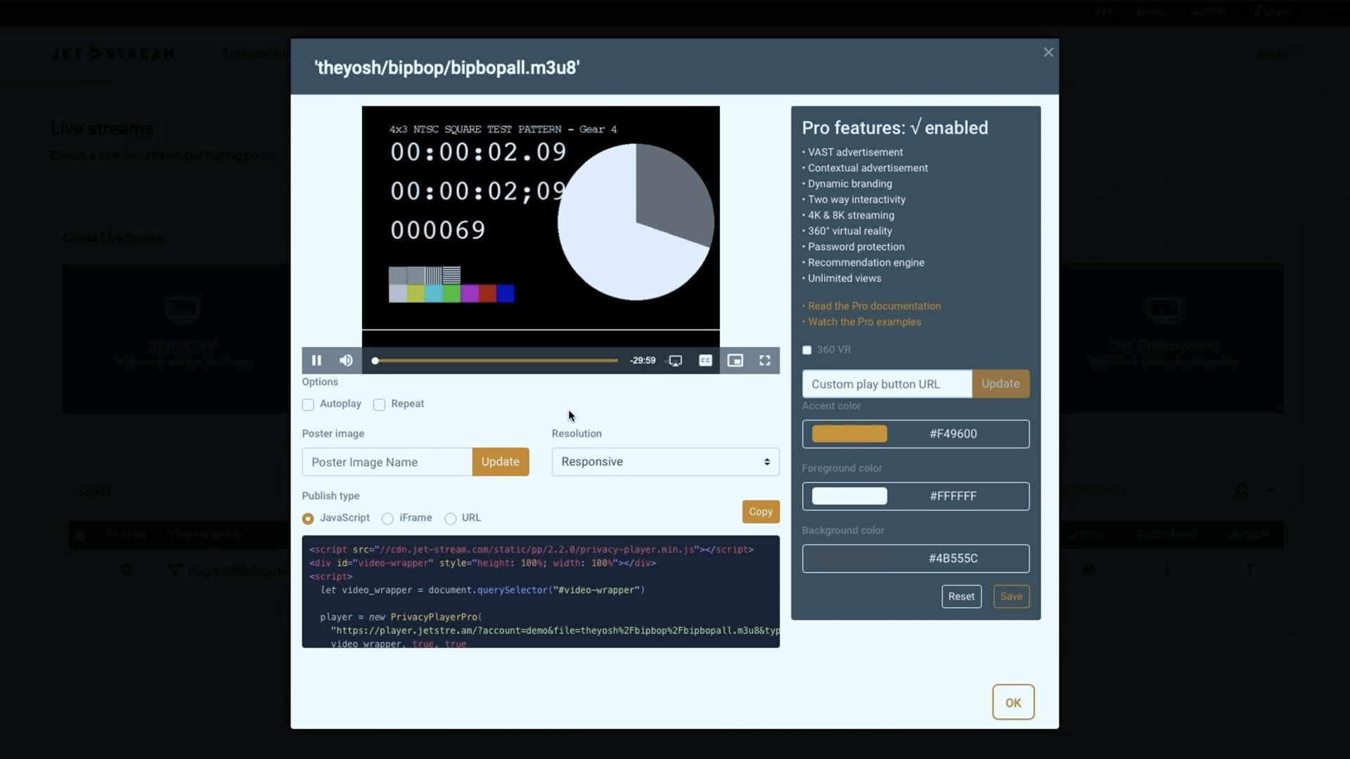 Screenshot of setting up an HTTP pull live stream in Jet-Stream Cloud