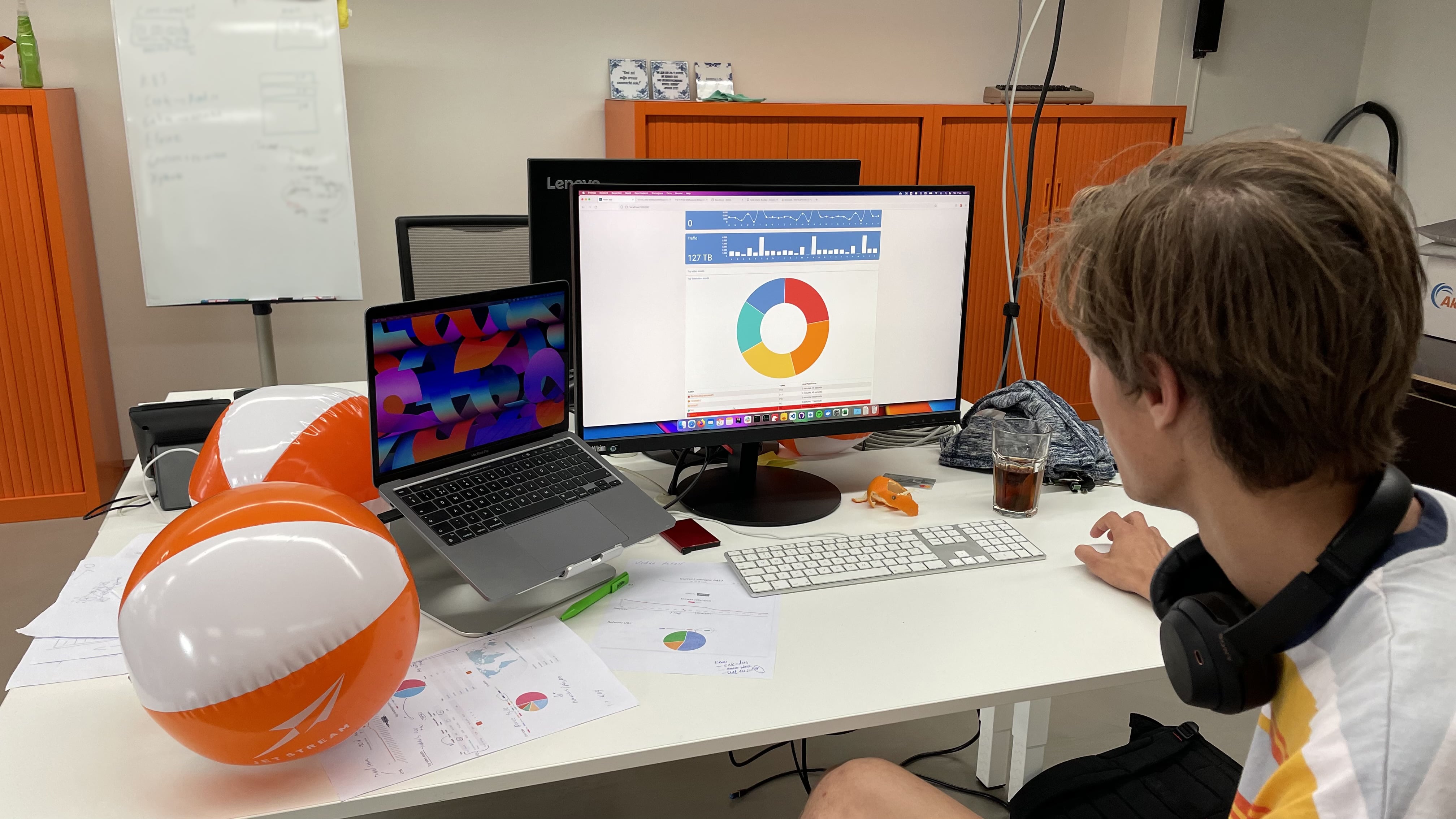 Jet-Stream employee working on StreamStats analytics on a laptop and monitor