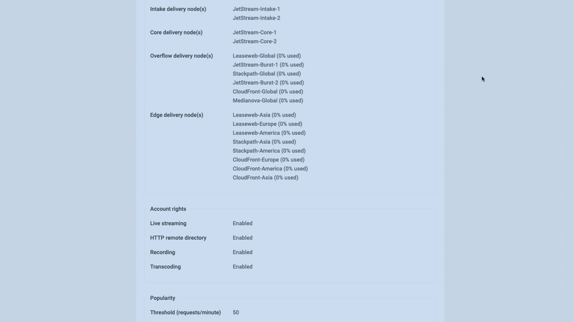 Screenshot of Jet-Stream Cloud account settings and delivery options