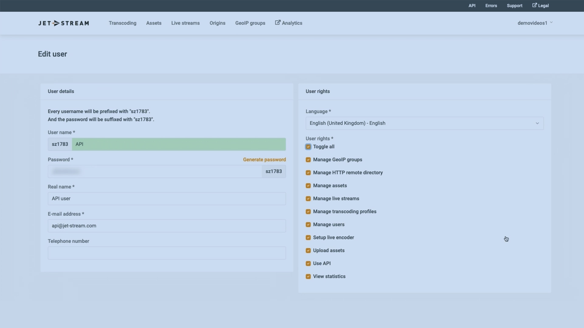 Screenshot of the Jet-Stream Cloud user edit screen with rights per user