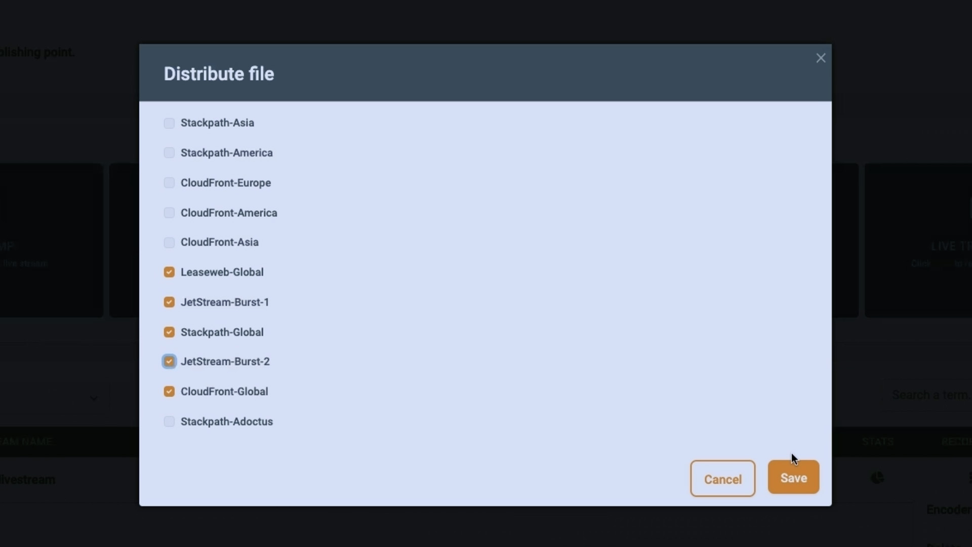 Screenshot of distributing a file over multiple CDNs in Jet-Stream Cloud