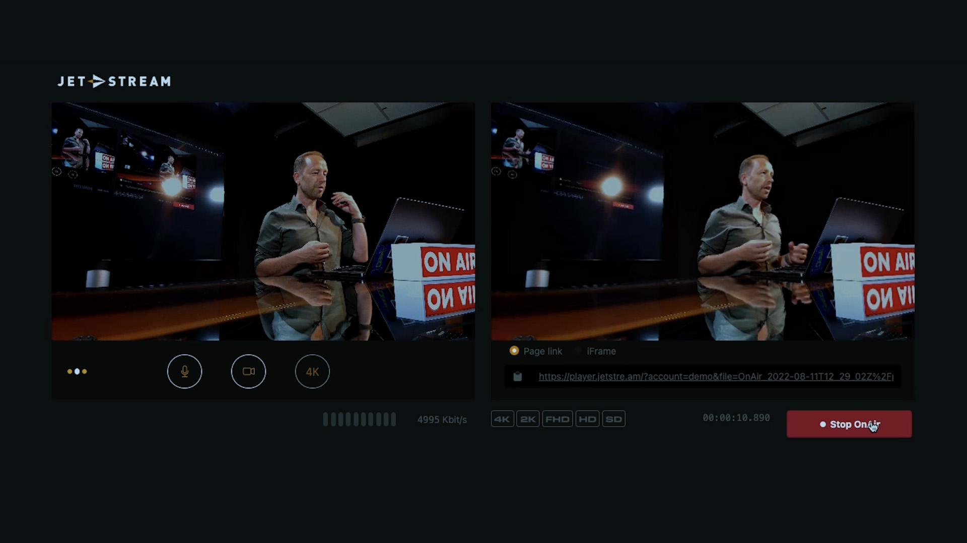 OnAir 4K live encoder demo showing two live camera feeds
