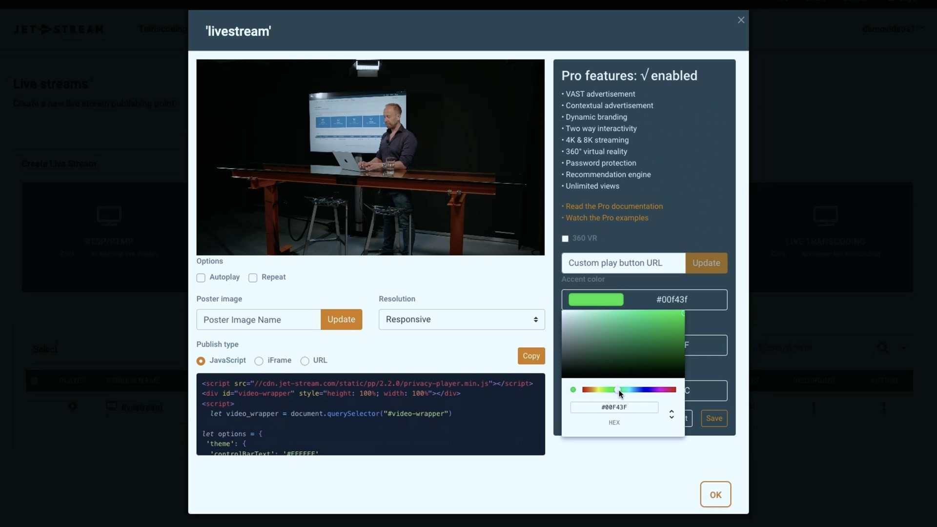 Screenshot of the Privacy Player configurator with branding and embed code