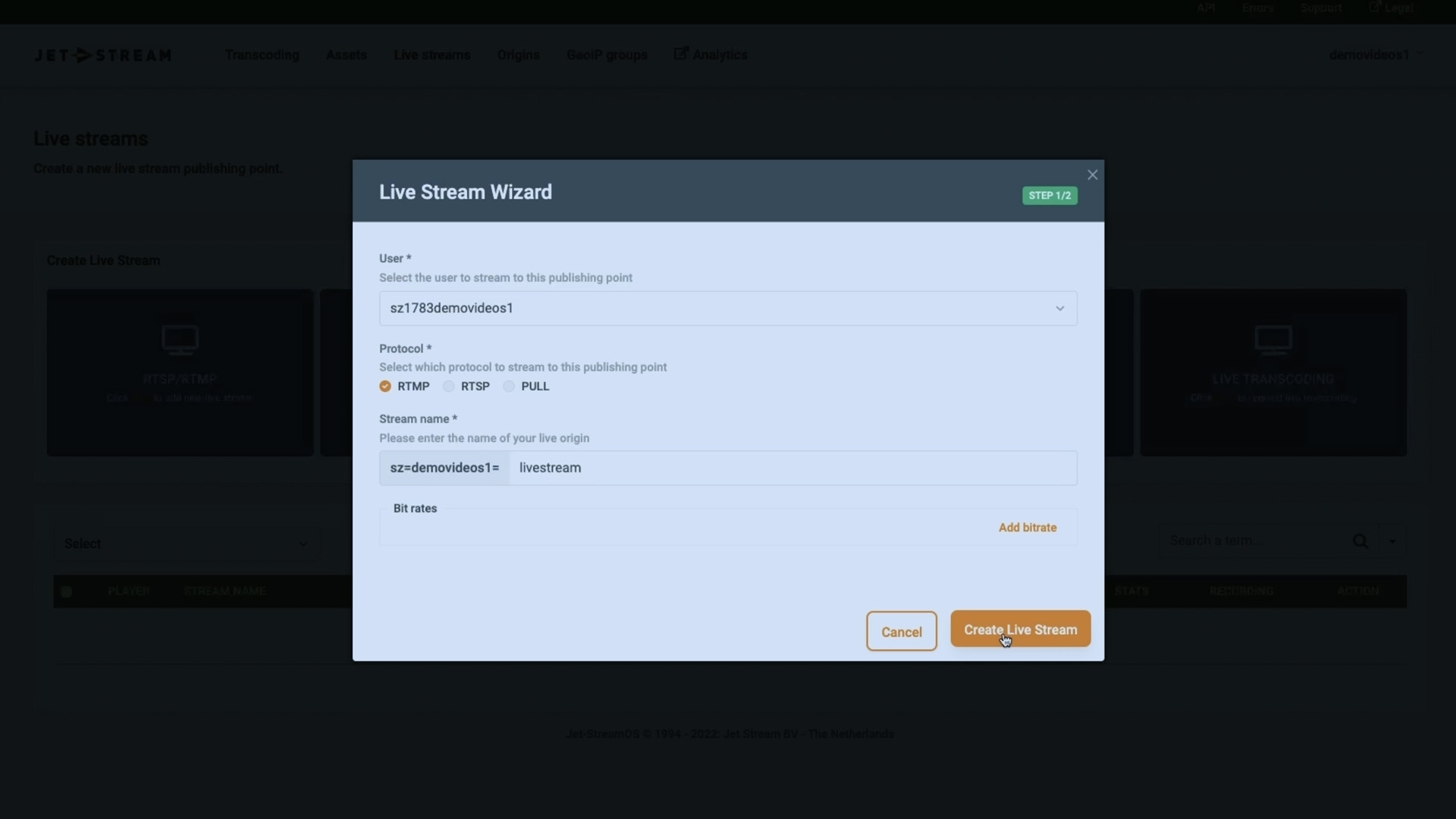 Jet-Stream Cloud Live Stream Wizard for setting up an RTMP or RTSP stream, demo thumbnail
