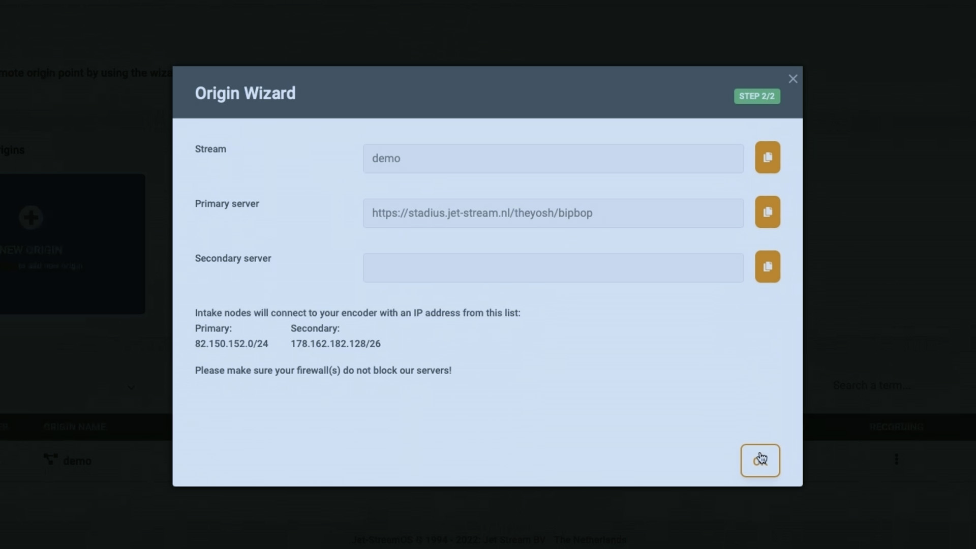 Screenshot of the Jet-Stream Cloud Origin Wizard for connecting a remote origin