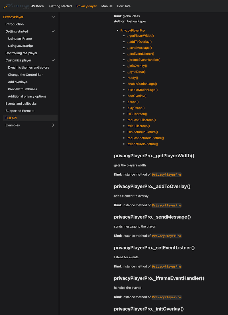 Screenshot of Privacy Player Pro developer JavaScript API code