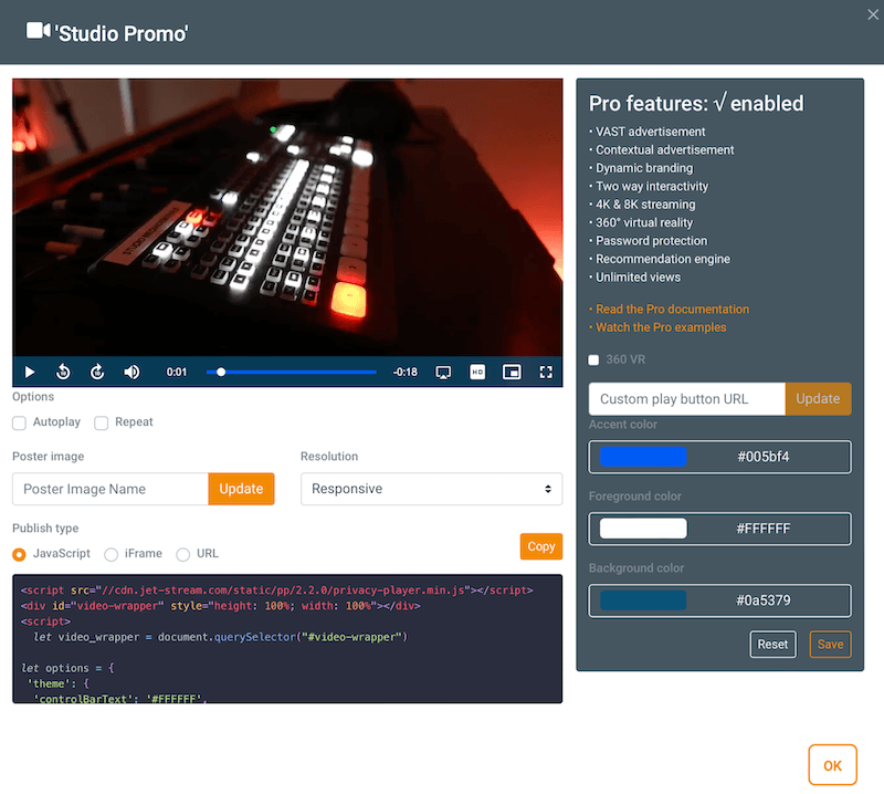 Screenshot of Jet-Stream Privacy Player Pro configuration with video preview