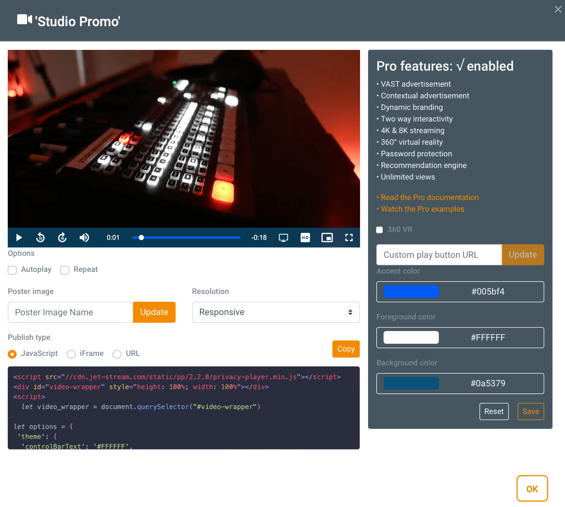 Screenshot of Privacy Player Pro branding settings and JavaScript embed code