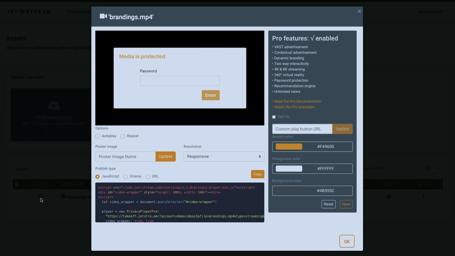 Screenshot of password protection and security settings for a video in Jet-Stream Cloud