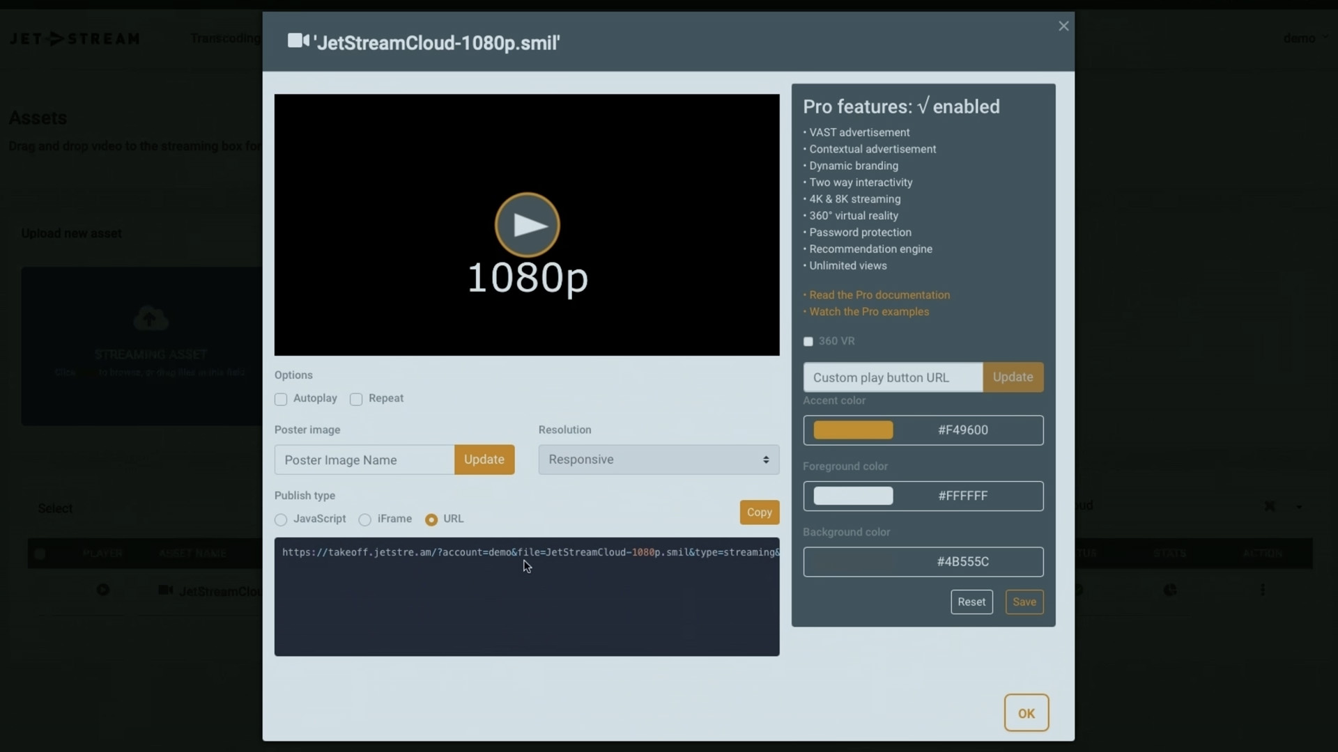 Screenshot of using a custom video player with a 1080p video in Jet-Stream Cloud