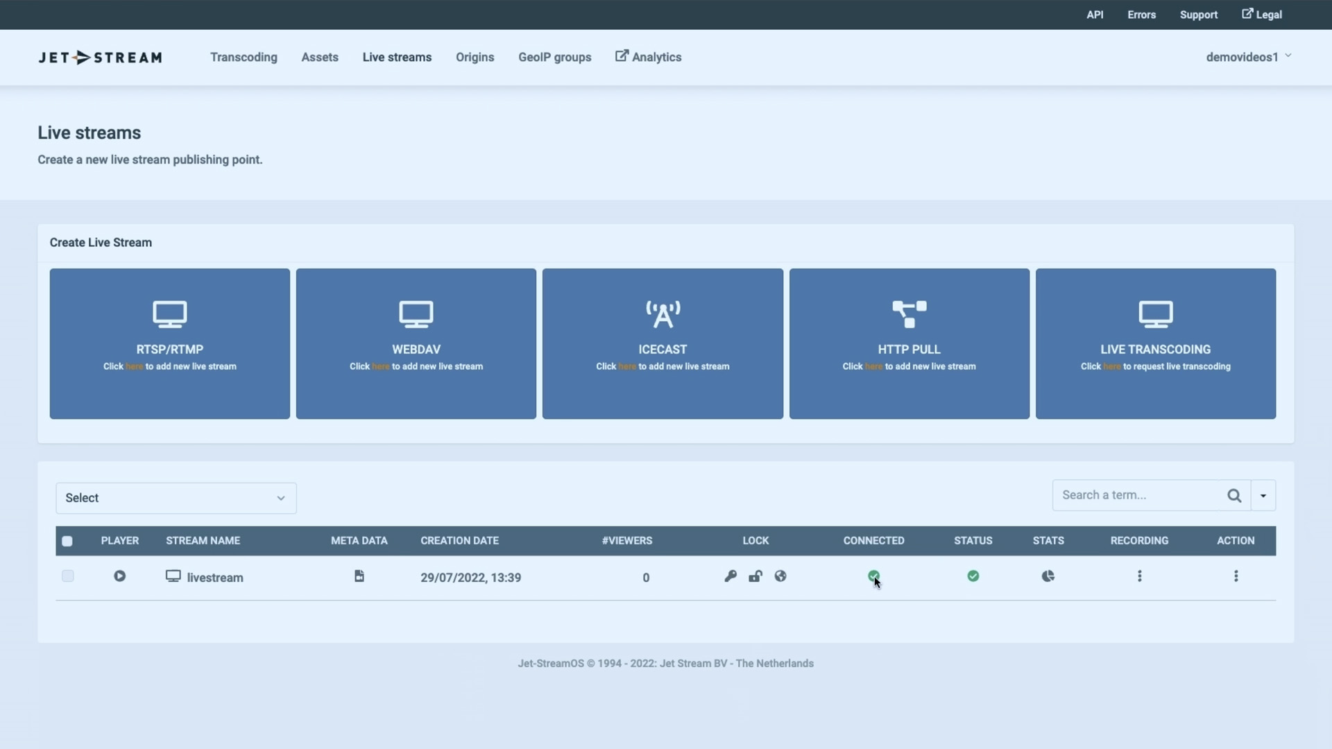 Screenshot of the Jet-Stream Cloud Video CMS with live streams overview