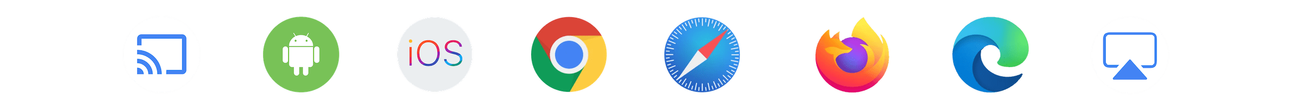 Supported browsers and platforms icons: Chromecast, Android, iOS, Chrome, Safari, Firefox, Edge