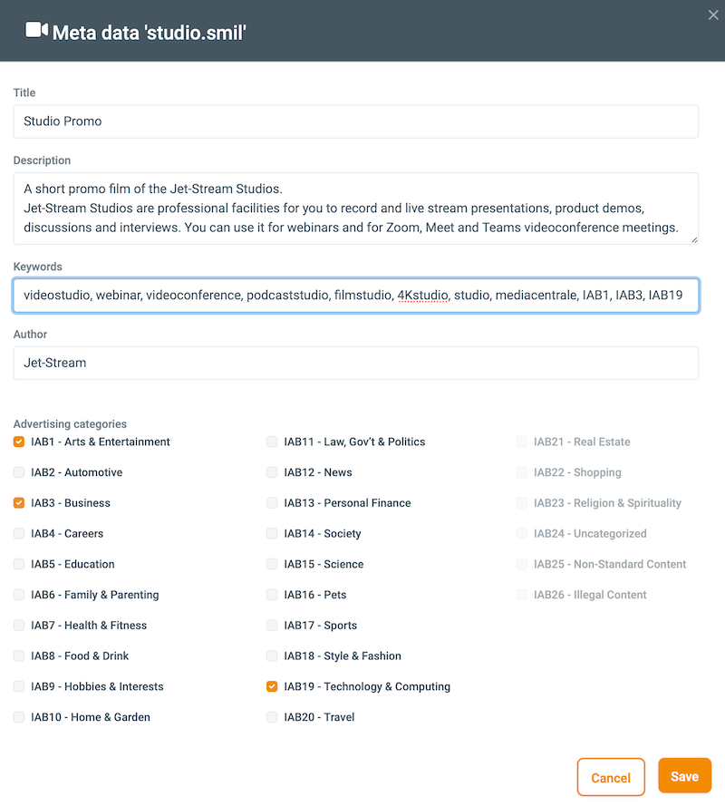 Screenshot of Jet-Stream contextual video advertising settings with category selection