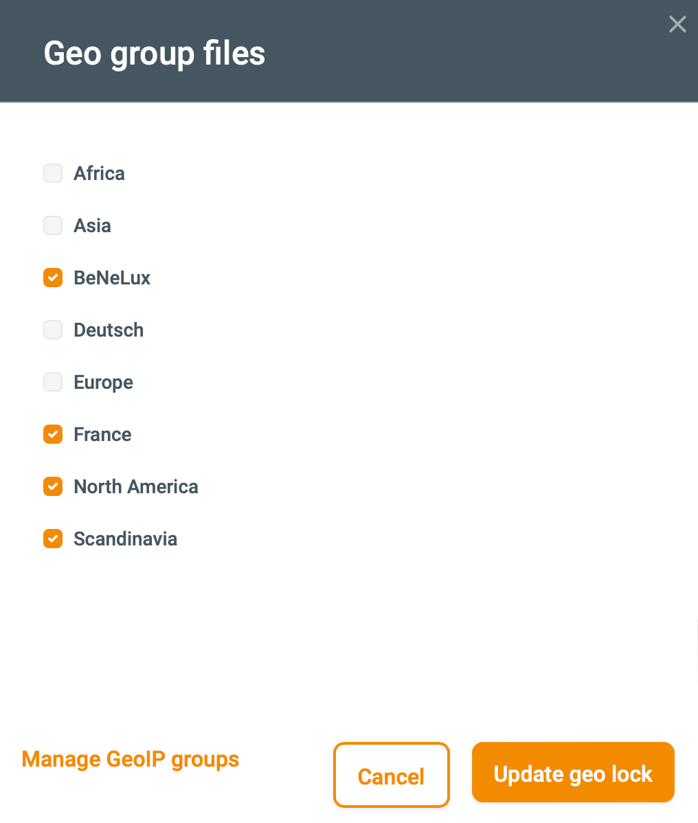 Screenshot of Jet-Stream geo group settings for geofencing streams by region