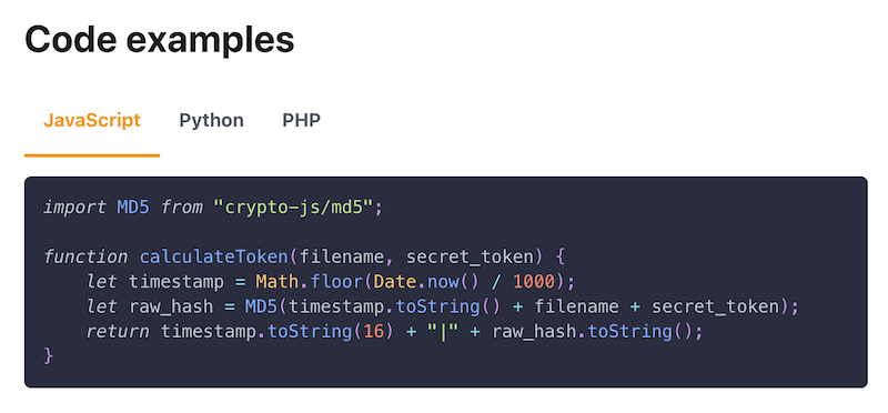 Code examples in JavaScript, Python and PHP for generating signed stream URLs