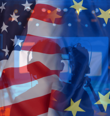 US and EU flags merged, cover for U.S. CLOUD Act vs GDPR for European broadcasters