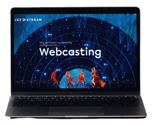 Laptop showing the cover of the Jet-Stream Webcasting brochure