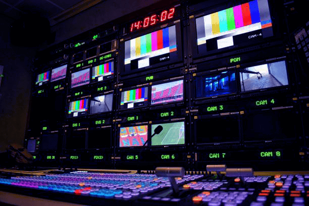 Broadcast control room with monitor wall and color bars, broadcast grade VOD streaming