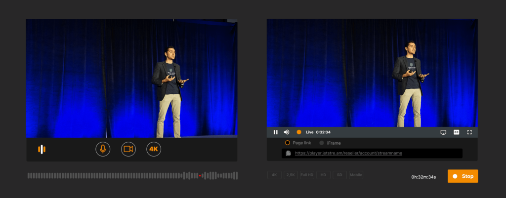 Jet-Stream OnAir interface with two camera views of a speaker on stage, live streaming an event in 2 steps