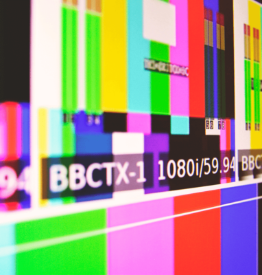 Broadcast test card on a screen, cover for 5 features that ensure broadcast continuity