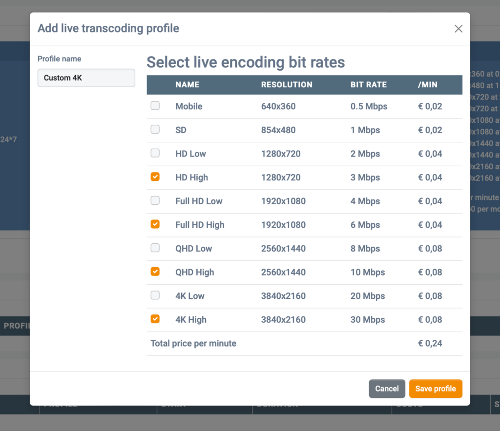 Screenshot of MaelStrom Live encoding bit rates selection, from mobile to 4K, with price per minute