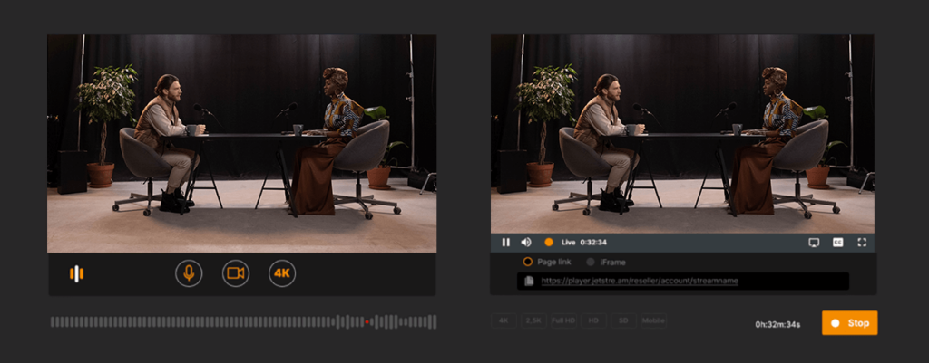 Jet-Stream OnAir studio interface showing two live camera views of an interview