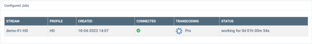 Screenshot of a running live stream on MaelStrom Live, connected and transcoding