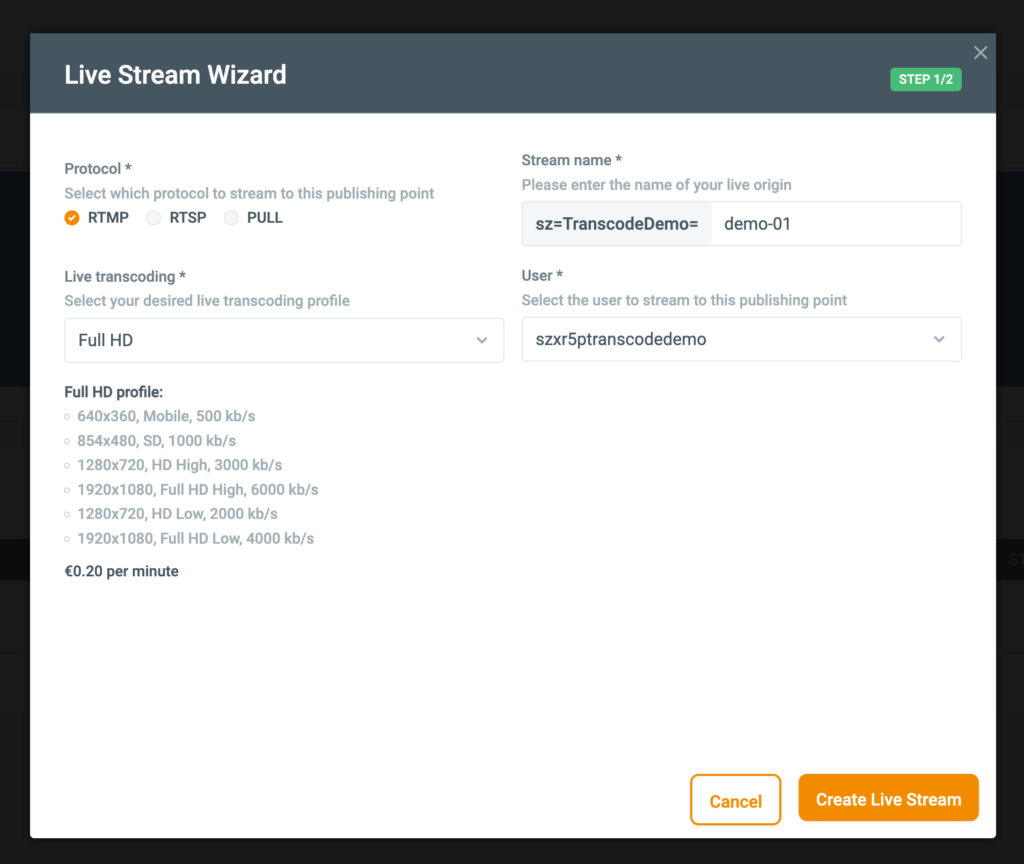 Screenshot of the MaelStrom Live stream wizard with protocol, Full HD transcoding profile and price per minute