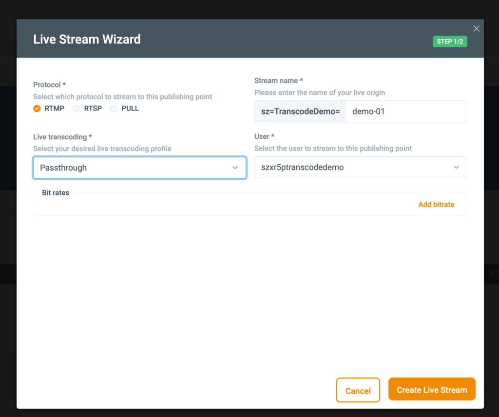 Screenshot of the MaelStrom Live stream wizard set to passthrough without transcoding