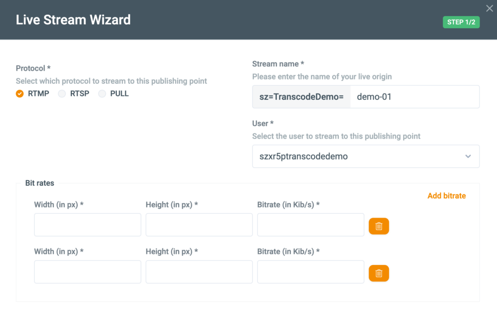 Screenshot of the MaelStrom Live Stream Wizard for custom transcoding profiles and bitrates