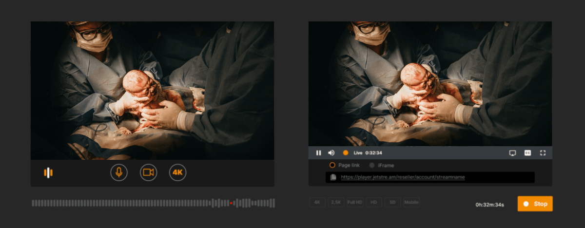 Screenshot of OnAir 4K live streaming a surgery in a Jet-Stream player