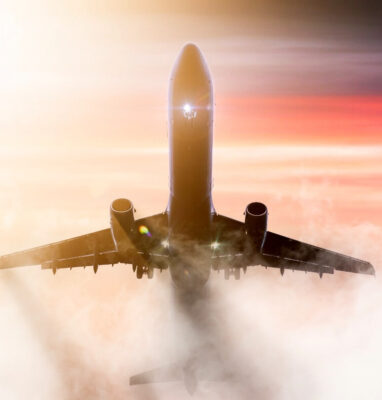 Airplane flying through the clouds