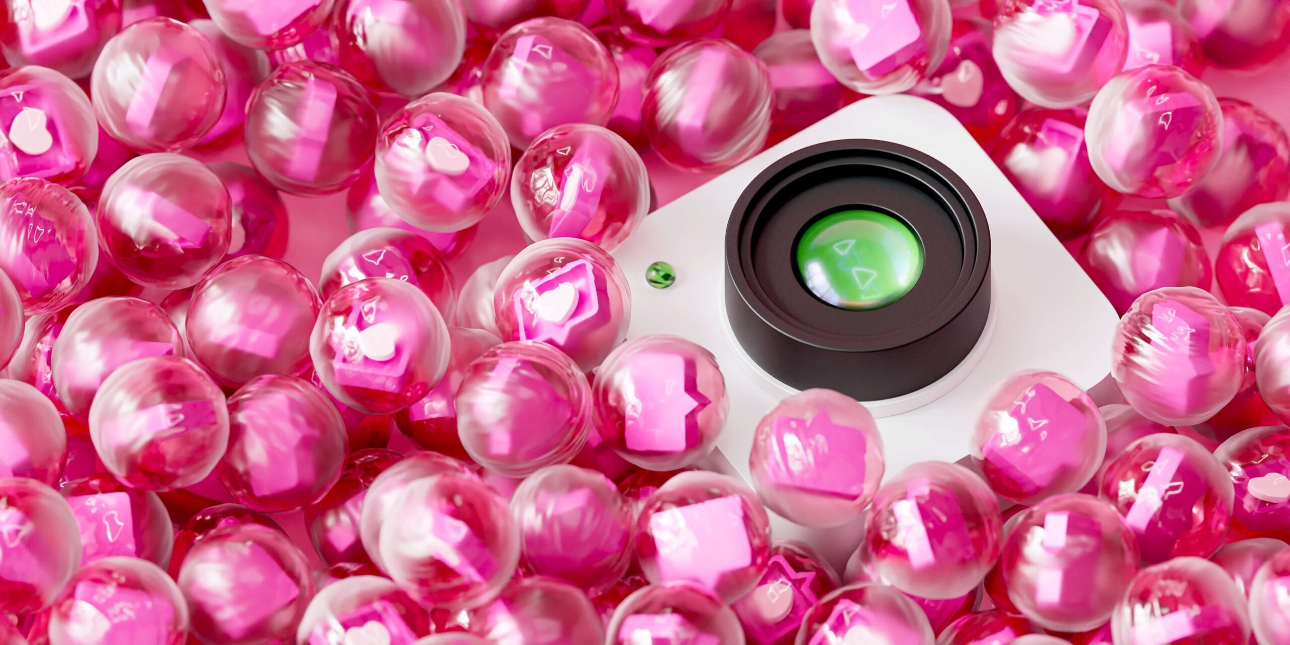 Camera lens among pink spheres, video for marketing