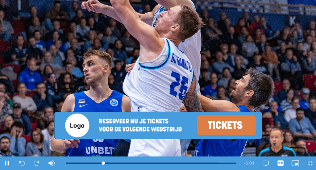 Basketball video with a clickable ticket sales call-to-action in the player