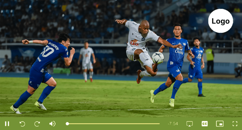 Football match in a video player with a sponsor logo overlay