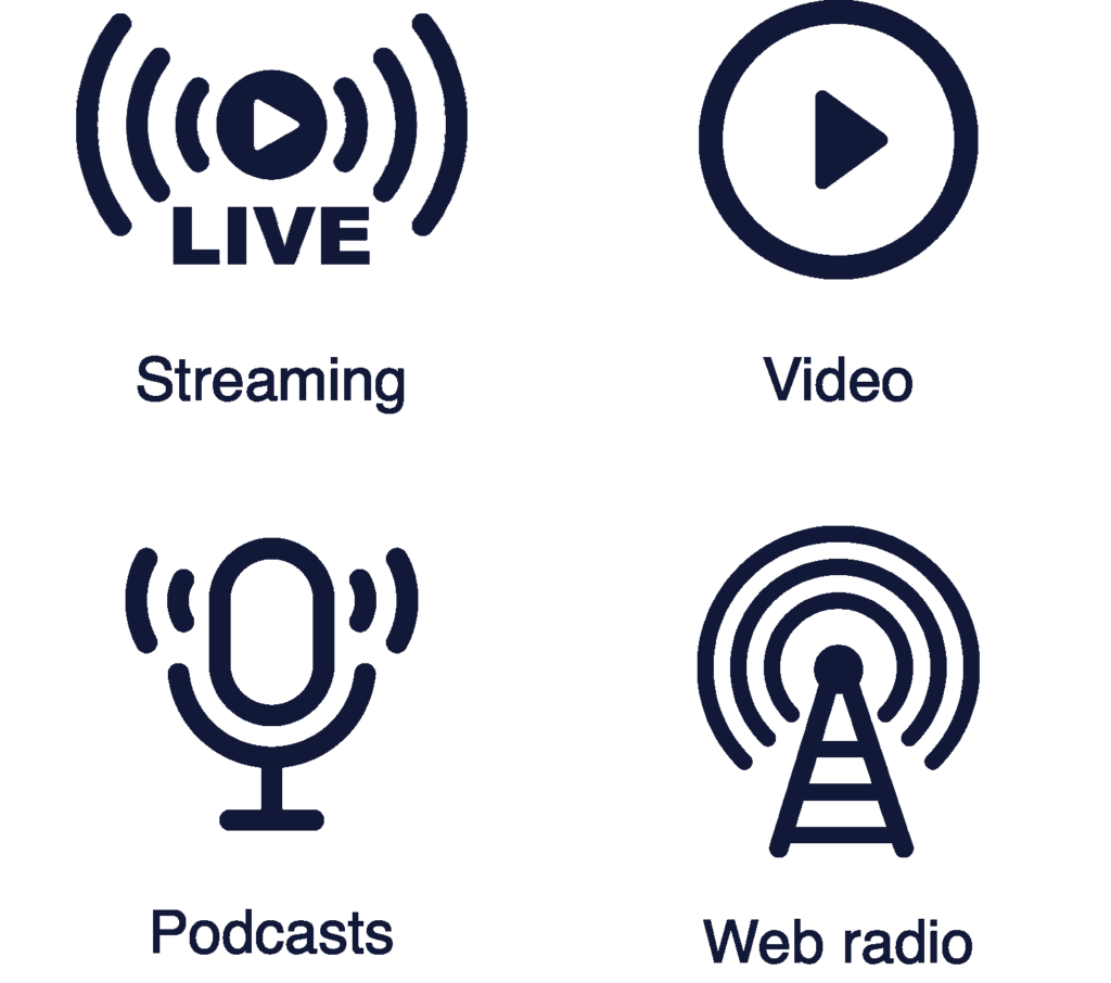 Icons for streaming, video, podcasts and web radio, all content types you can monetize