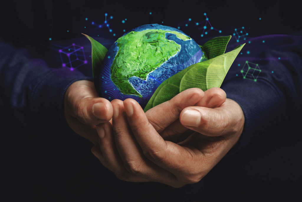 Hands holding a green globe, illustrating sustainability