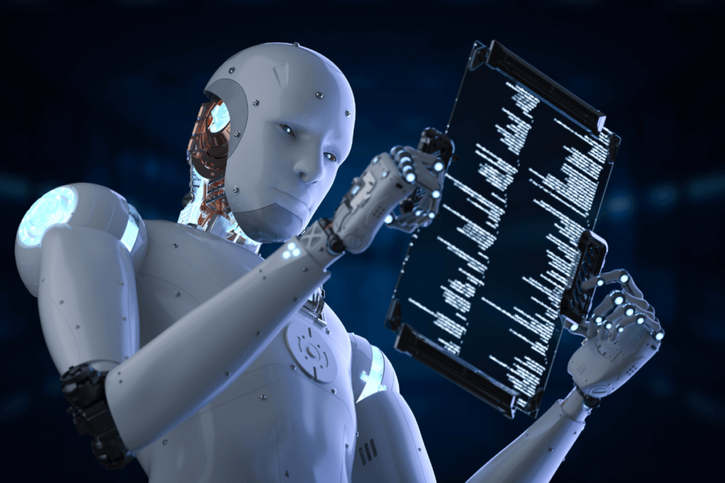 Robot reading a document, illustrating AI captioning and subtitling