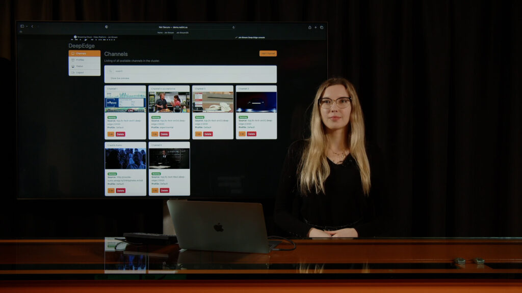 Presenter in front of MaelStrom OTT channels on screen, demo video thumbnail