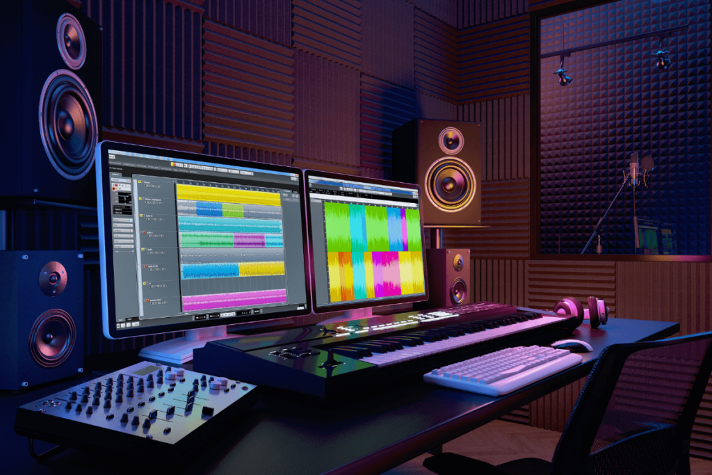 Audio studio with monitors, illustrating multi-audio multilingual streaming