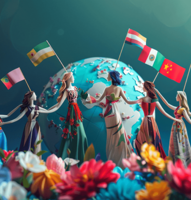 Women holding flags around a globe, global multilingual streaming for International Women's Day