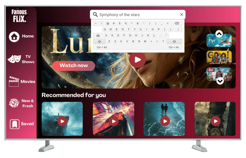 OTT TV app with on-screen keyboard search and Recommended for you row