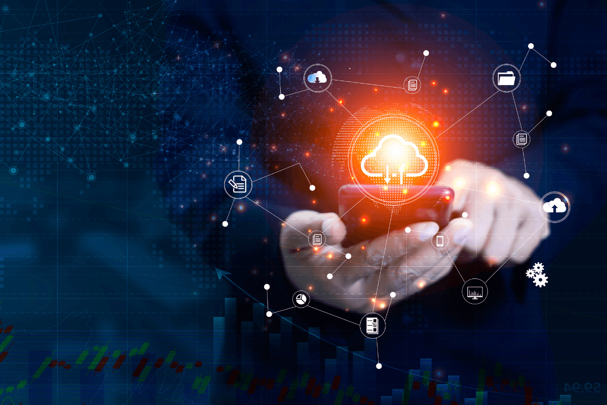 Hands holding a glowing cloud with connected icons, dynamic publishing