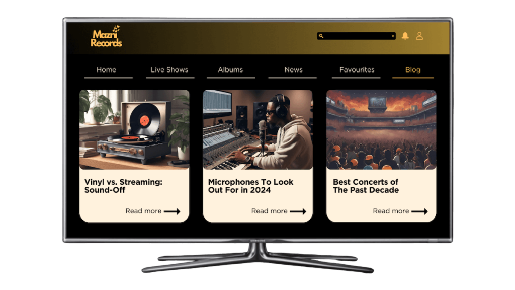 Blog overview of a music OTT website shown on a TV