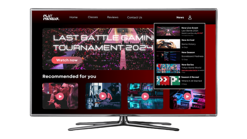 News section of a gaming OTT website on a TV, with a featured tournament