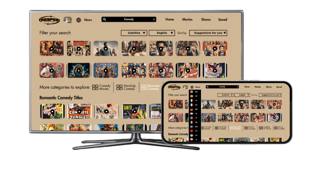 OTT website search with category filters and results on laptop and phone
