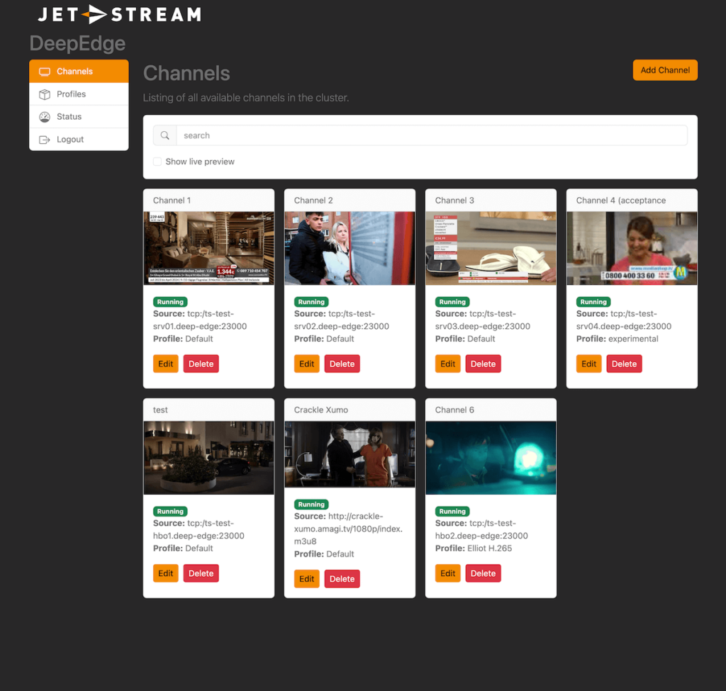 Screenshot of MaelStrom OTT channel overview with live channel previews